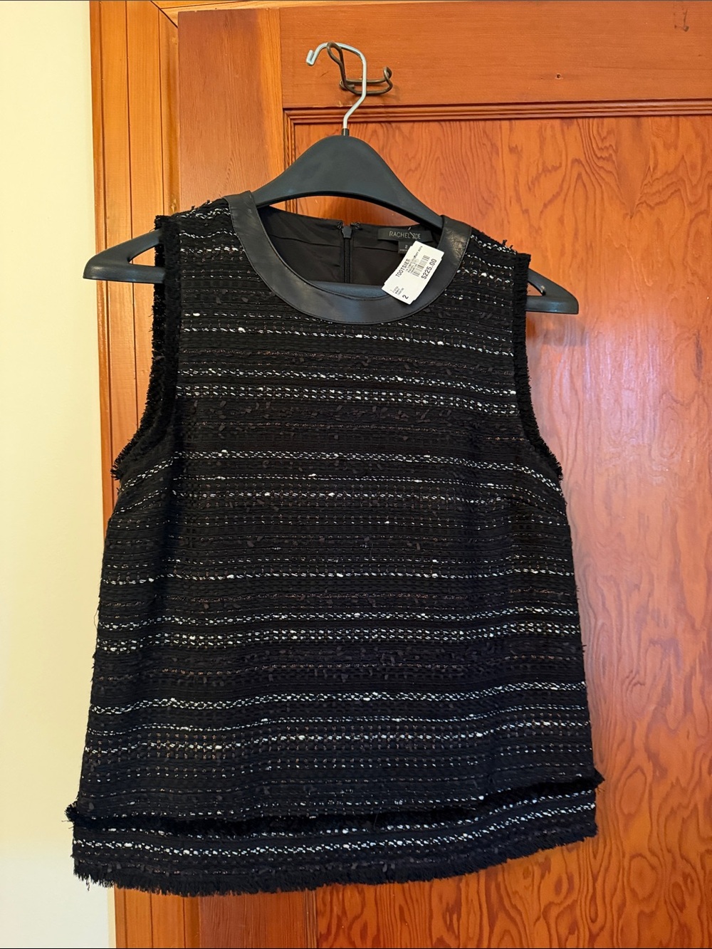 Rachel Zoe Black Tweed Sleeveless Shell with Faux-Leather Collar
